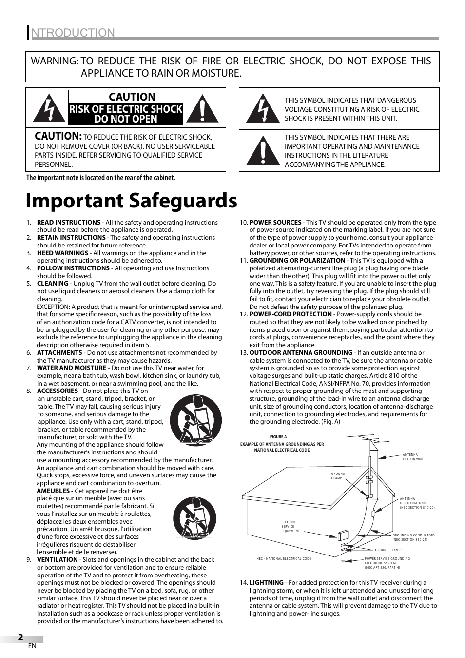 Important safeguards, Ntroduction, Caution | Caution risk of electric shock do not open | FUNAI Durabrand CR130DR8 User Manual | Page 2 / 52