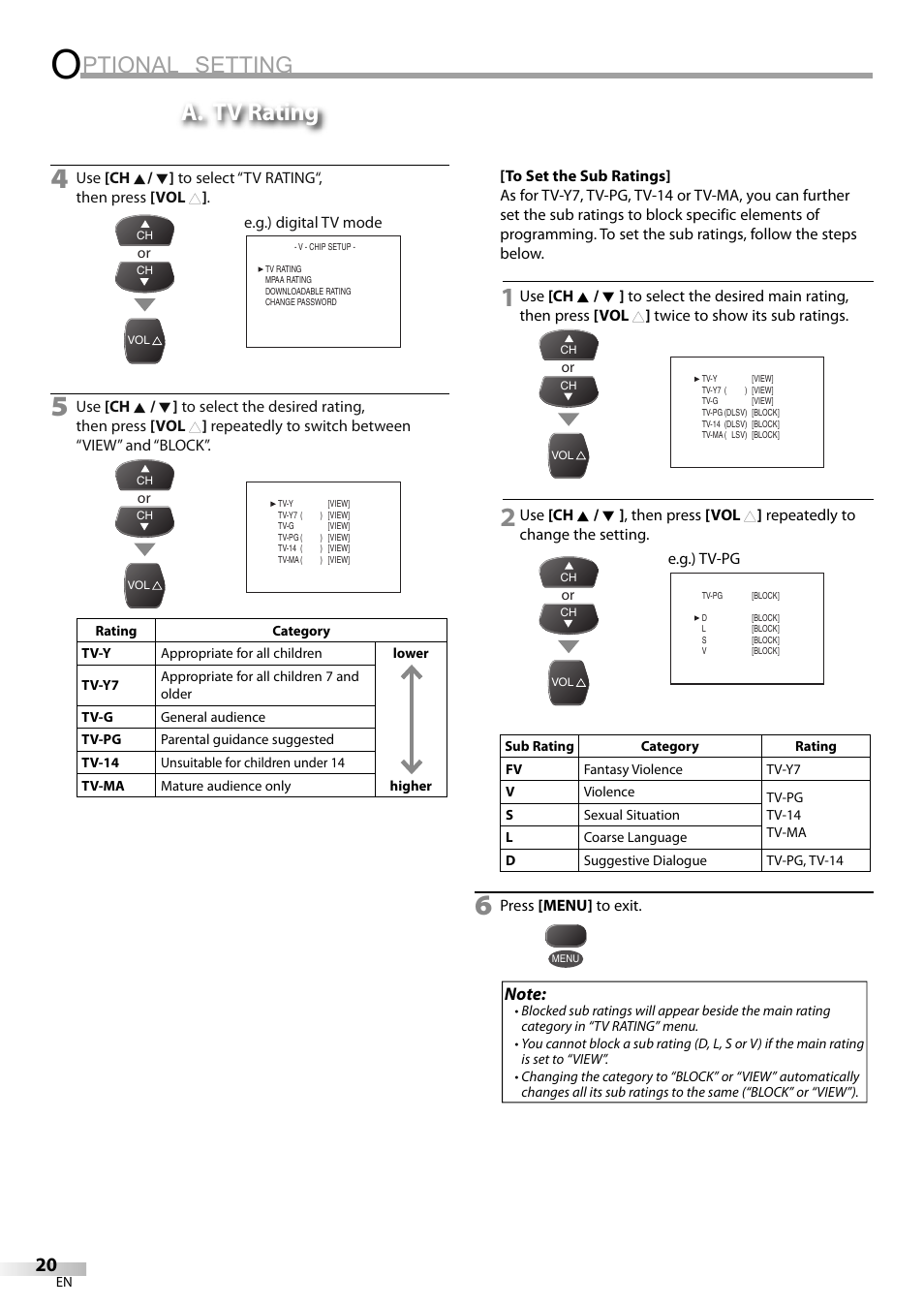 Ptional setting, A. tv rating | FUNAI Durabrand CR130DR8 User Manual | Page 20 / 52