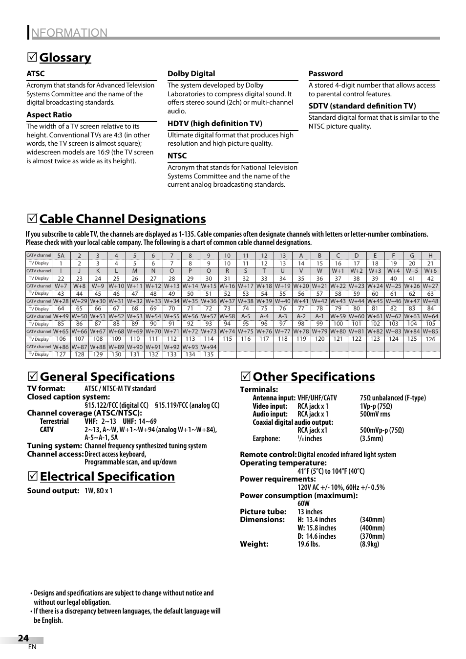 Nformation, Glossary 5, Electrical specification | 5other specifications | FUNAI Durabrand CR130DR8 User Manual | Page 24 / 52