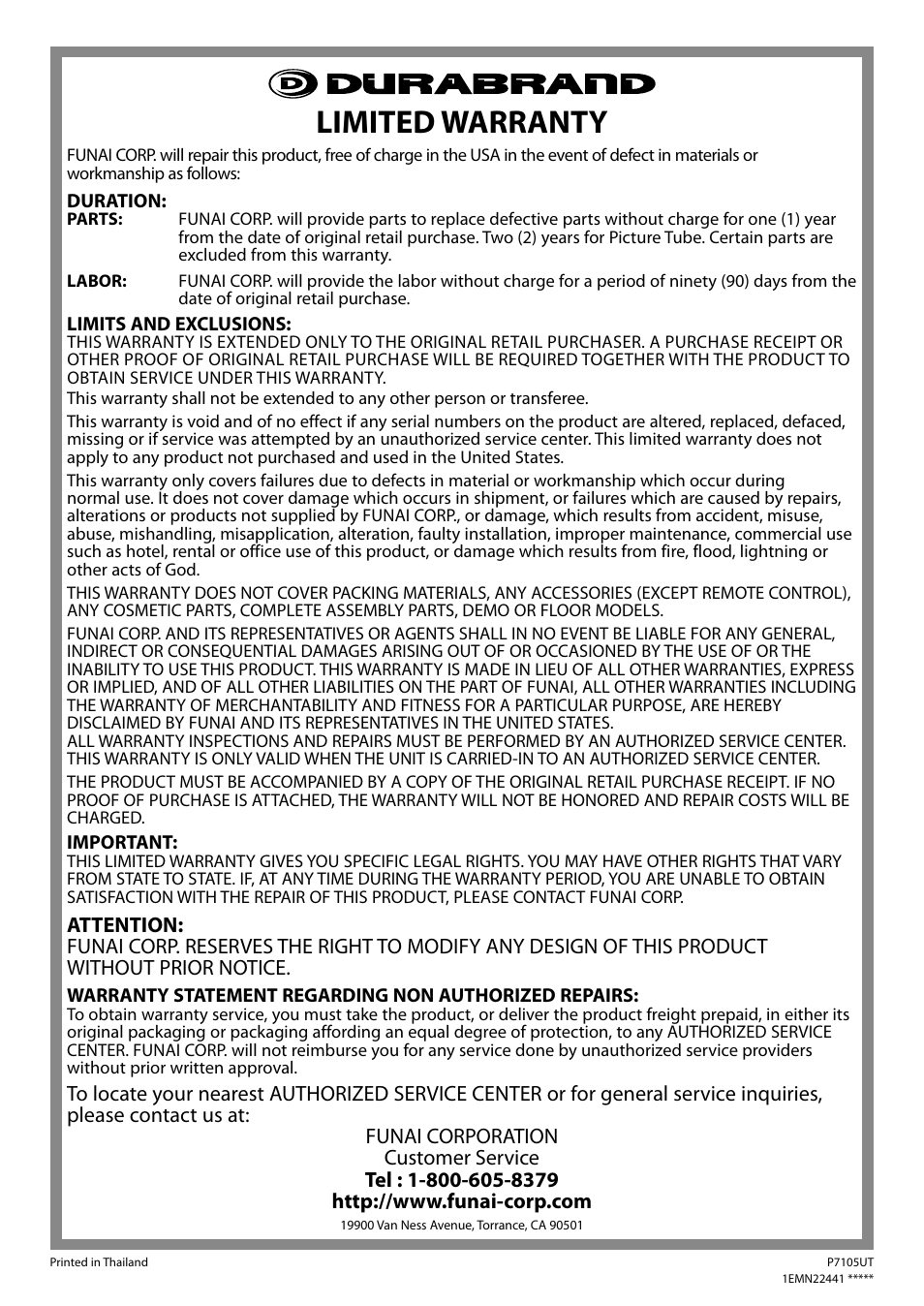 Limited warranty | FUNAI Durabrand CR130DR8 User Manual | Page 26 / 52