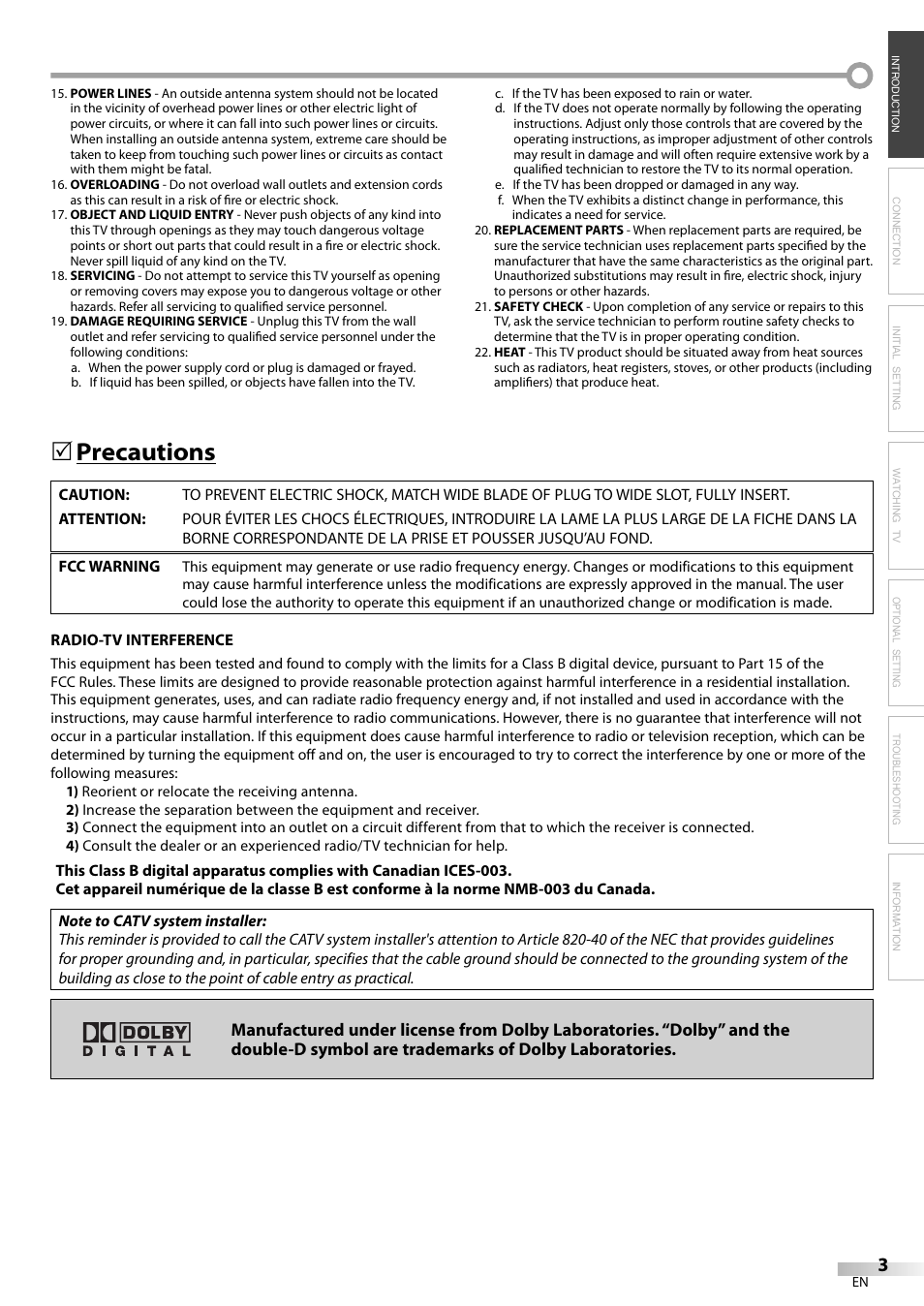 Precautions | FUNAI Durabrand CR130DR8 User Manual | Page 3 / 52