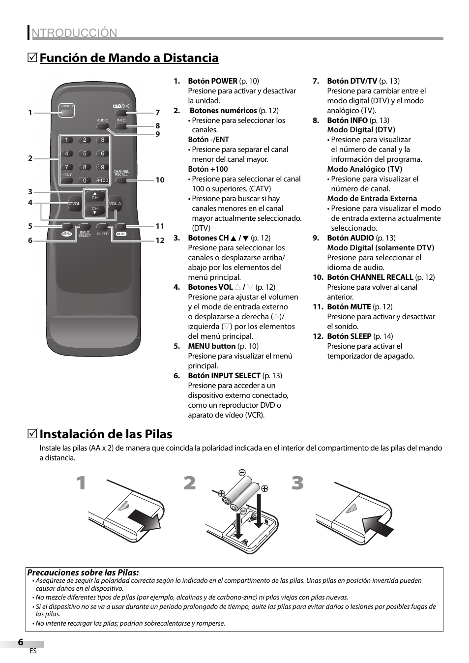 Ntroducción, Función de mando a distancia 5, Instalación de las pilas | FUNAI Durabrand CR130DR8 User Manual | Page 32 / 52
