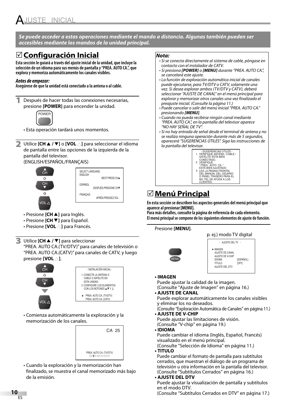 Juste inicial, Configuración inicial, Menú principal | FUNAI Durabrand CR130DR8 User Manual | Page 36 / 52