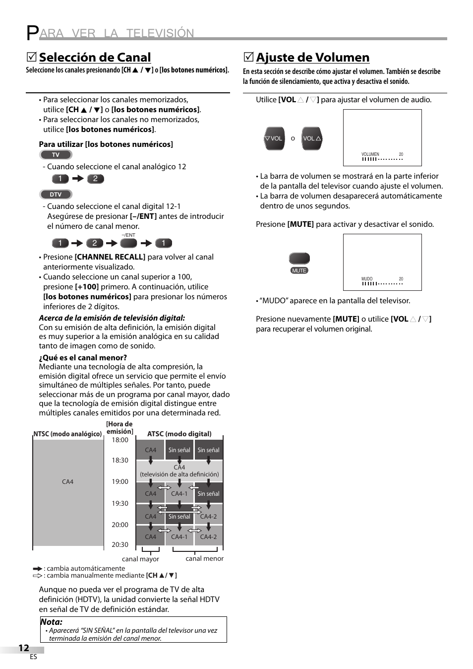 Ara ver la televisión, Selección de canal, 5ajuste de volumen | FUNAI Durabrand CR130DR8 User Manual | Page 38 / 52