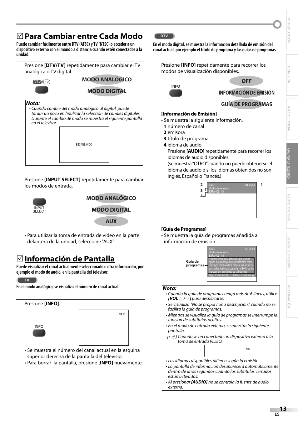 Para cambiar entre cada modo, Información de pantalla | FUNAI Durabrand CR130DR8 User Manual | Page 39 / 52