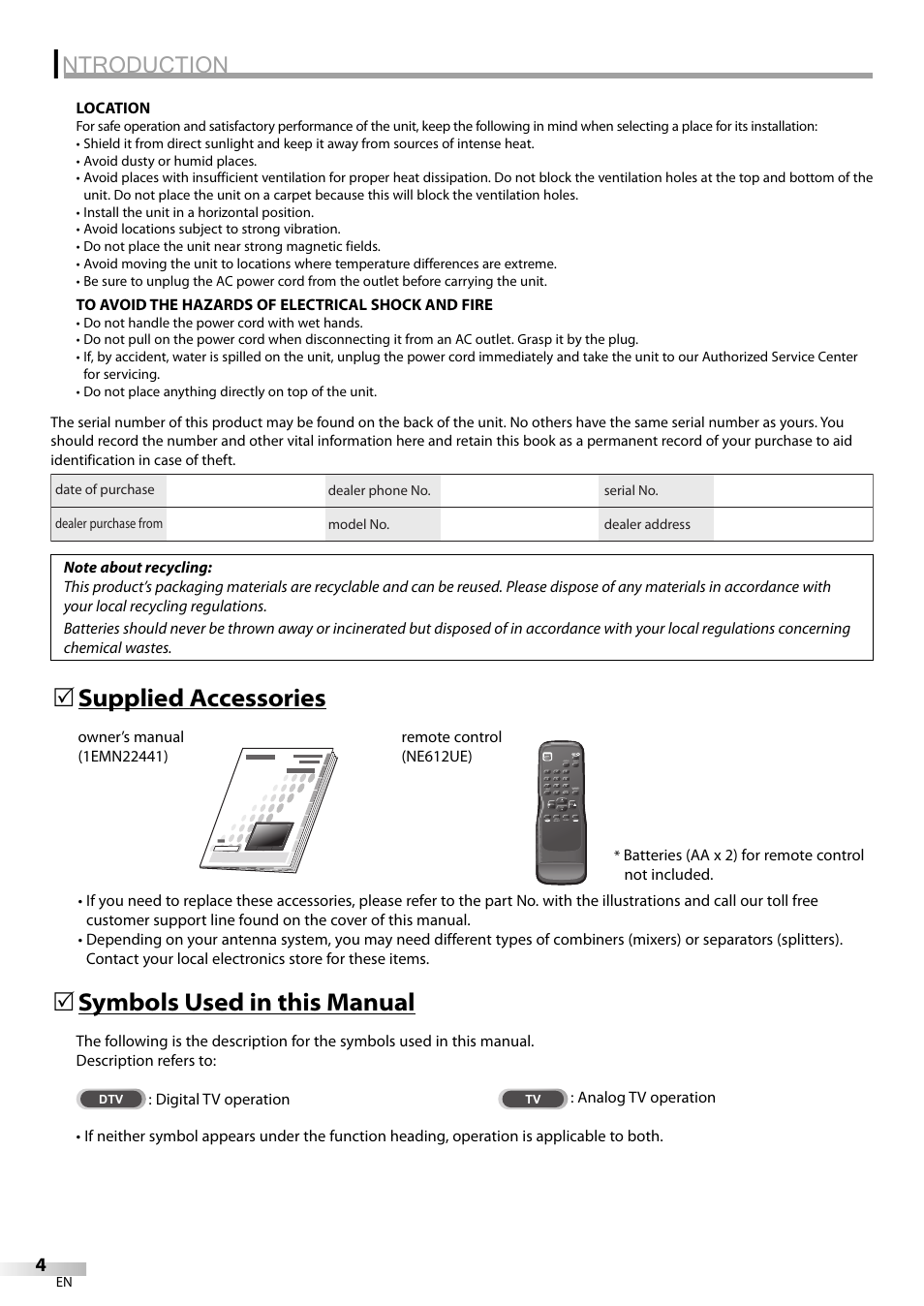 Ntroduction, Supplied accessories 5, Symbols used in this manual 5 | FUNAI Durabrand CR130DR8 User Manual | Page 4 / 52