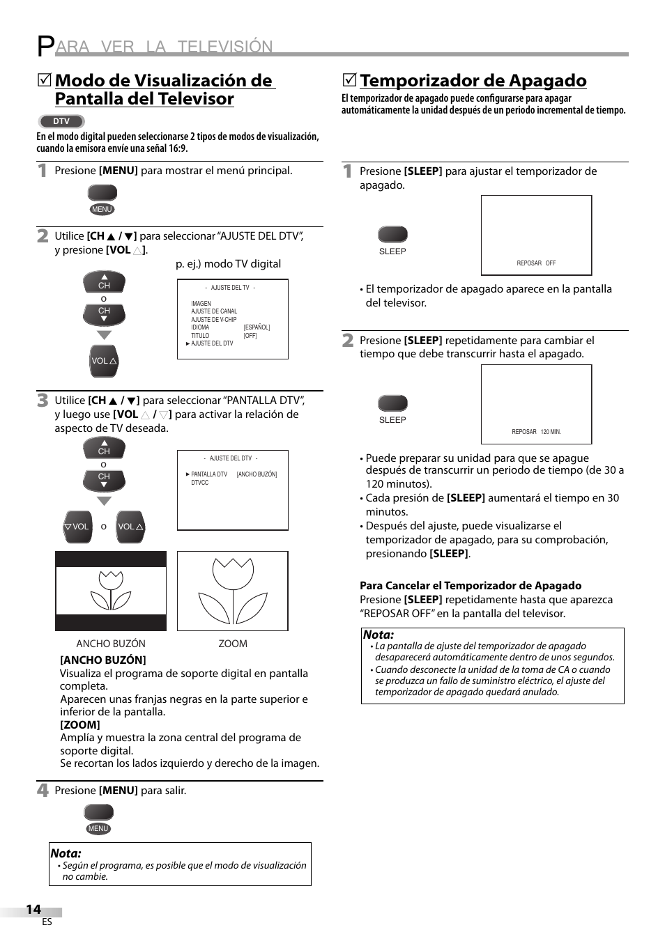 Ara ver la televisión, Modo de visualización de pantalla del televisor, 5temporizador de apagado | FUNAI Durabrand CR130DR8 User Manual | Page 40 / 52