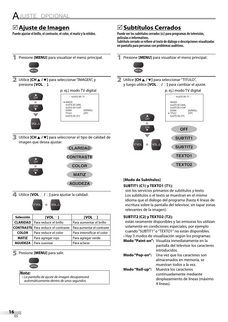 Juste opcional, Ajuste de imagen, 5subtítulos cerrados | FUNAI Durabrand CR130DR8 User Manual | Page 42 / 52
