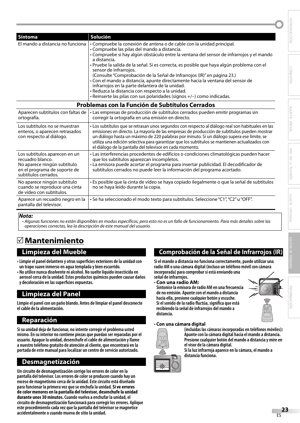Mantenimiento 5, Limpieza del mueble, Limpieza del panel | Reparación, Desmagnetización, Comprobación de la señal de infrarrojos (ir) | FUNAI Durabrand CR130DR8 User Manual | Page 49 / 52