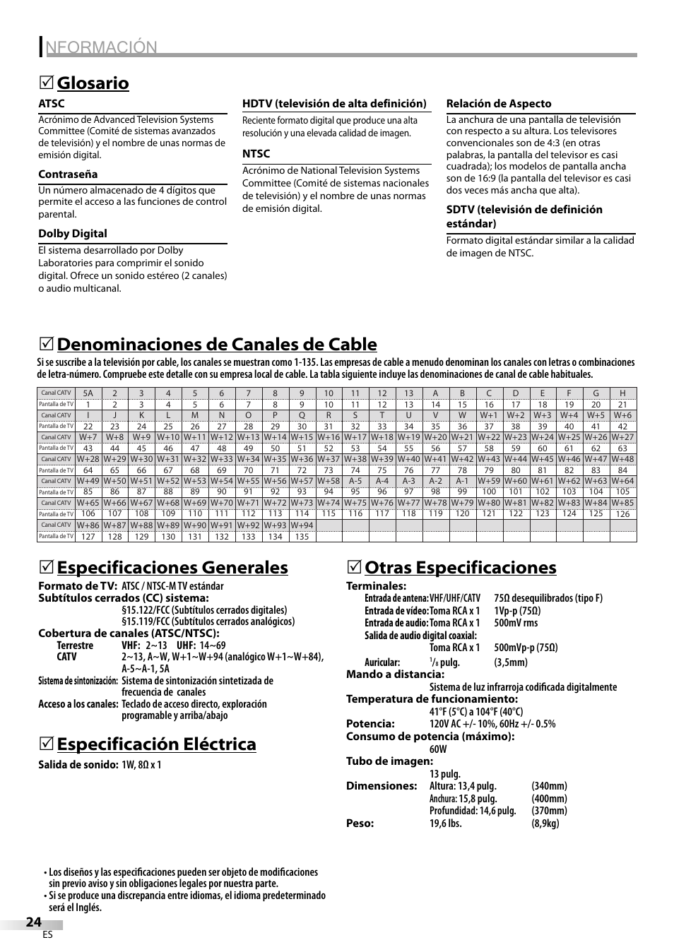 Nformación, Glosario 5, Especificación eléctrica | 5otras especificaciones | FUNAI Durabrand CR130DR8 User Manual | Page 50 / 52