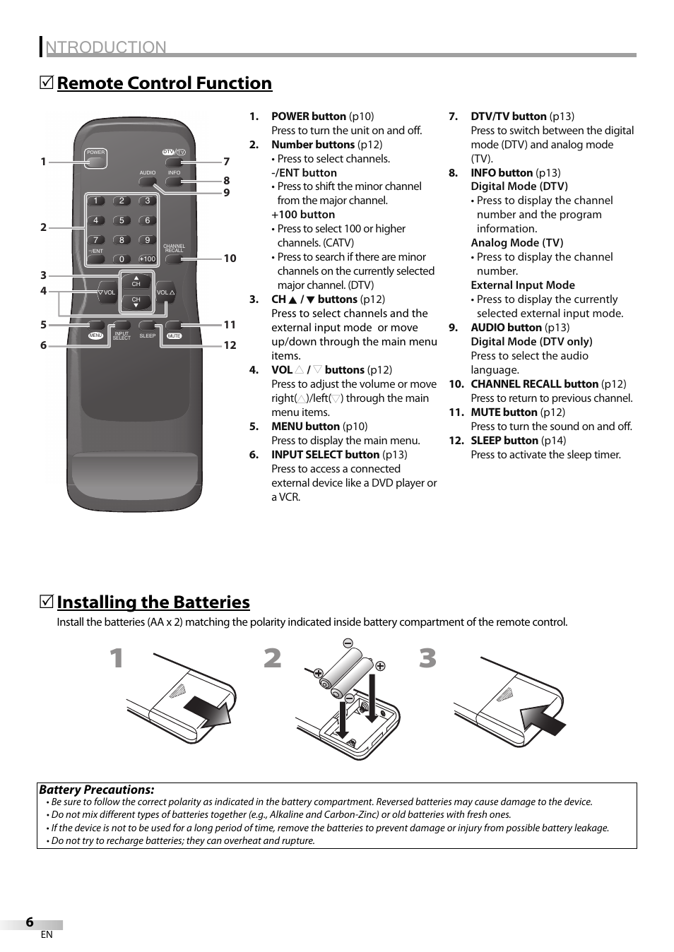 Ntroduction, Remote control function 5, Installing the batteries | FUNAI Durabrand CR130DR8 User Manual | Page 6 / 52