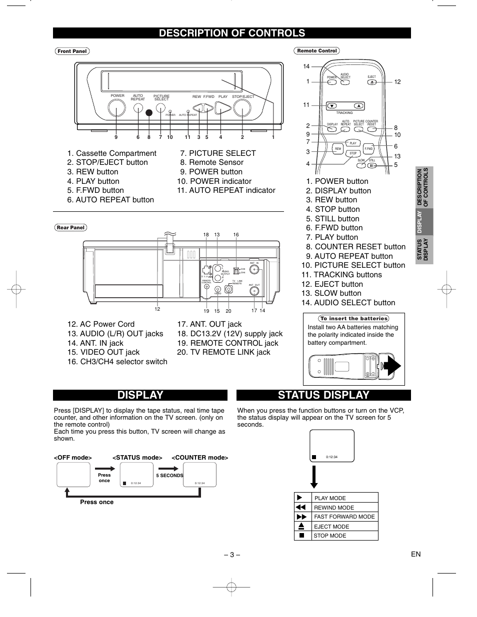 Status display, Display, Description of controls | 3 – en | FUNAI MFV260C User Manual | Page 3 / 8