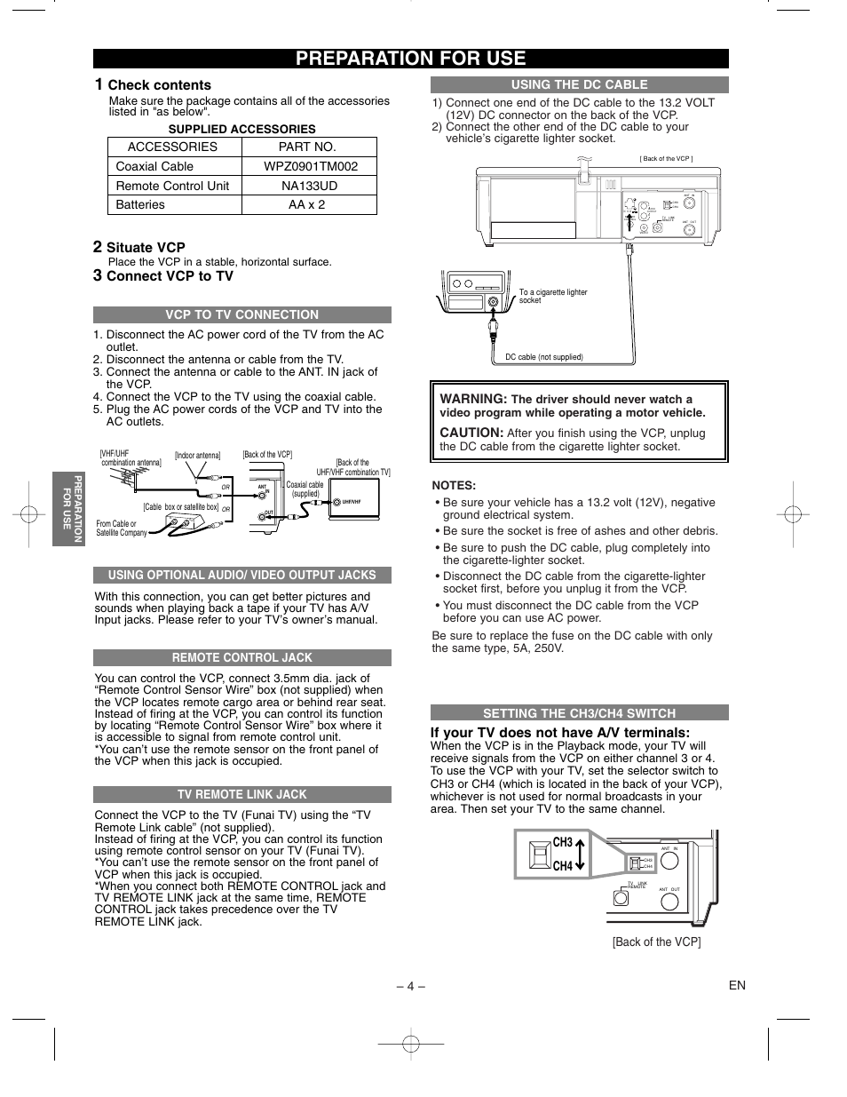 Preparation for use, Check contents, Situate vcp | Connect vcp to tv, If your tv does not have a/v terminals | FUNAI MFV260C User Manual | Page 4 / 8