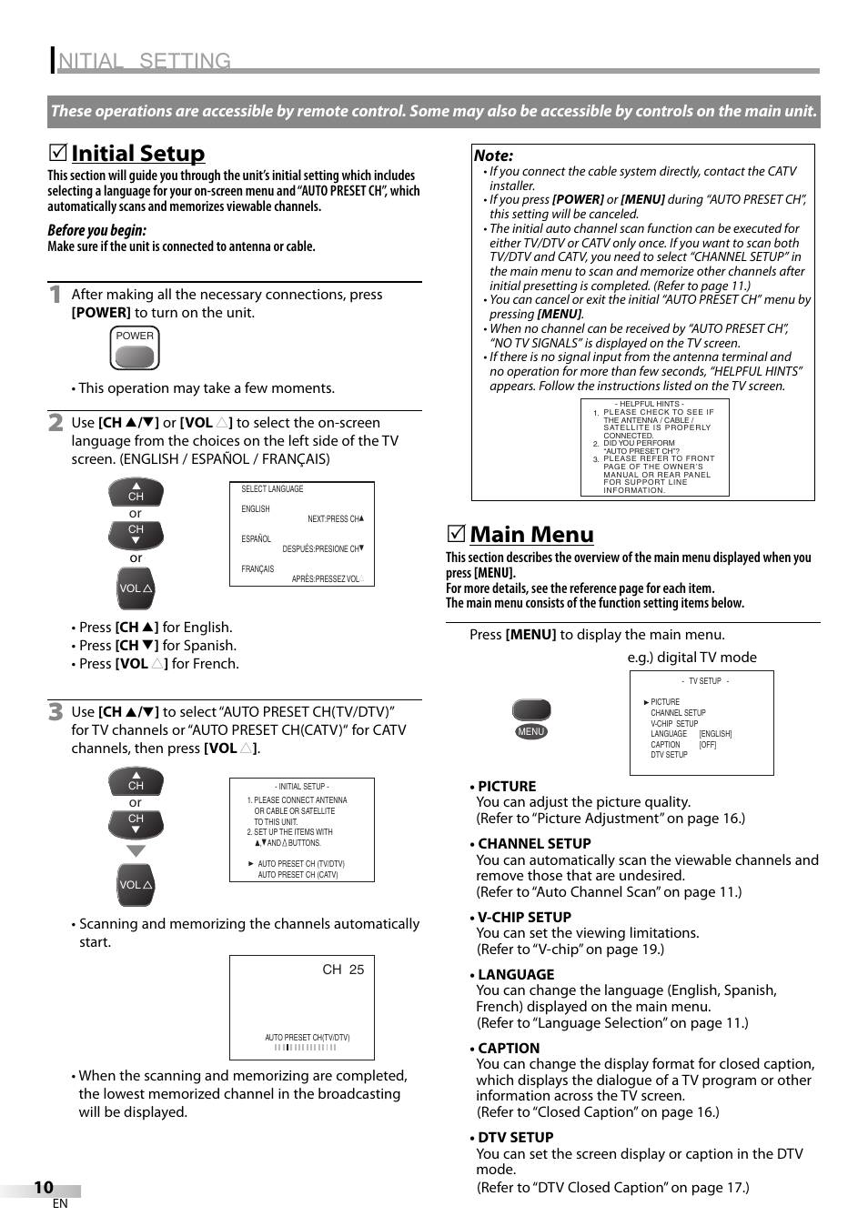 Nitial setting, Initial setup, Main menu | FUNAI CR130TT8 User Manual | Page 10 / 78