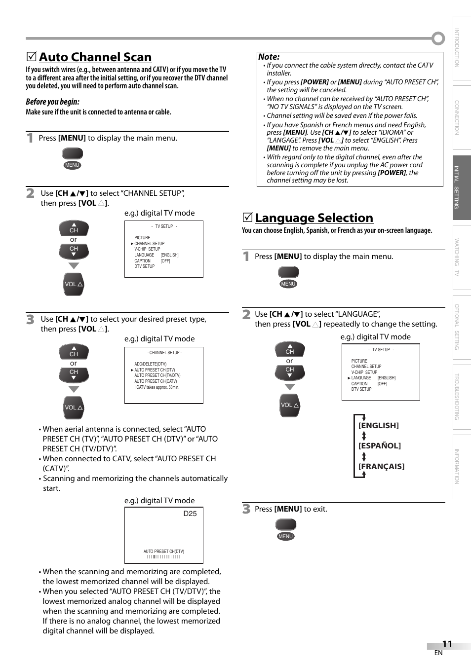 Auto channel scan, Language selection | FUNAI CR130TT8 User Manual | Page 11 / 78