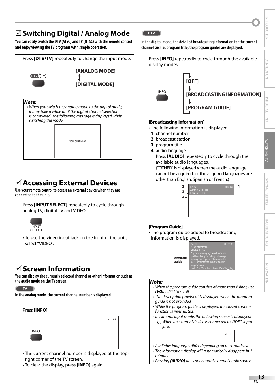 Switching digital / analog mode, Accessing external devices, Screen information | FUNAI CR130TT8 User Manual | Page 13 / 78