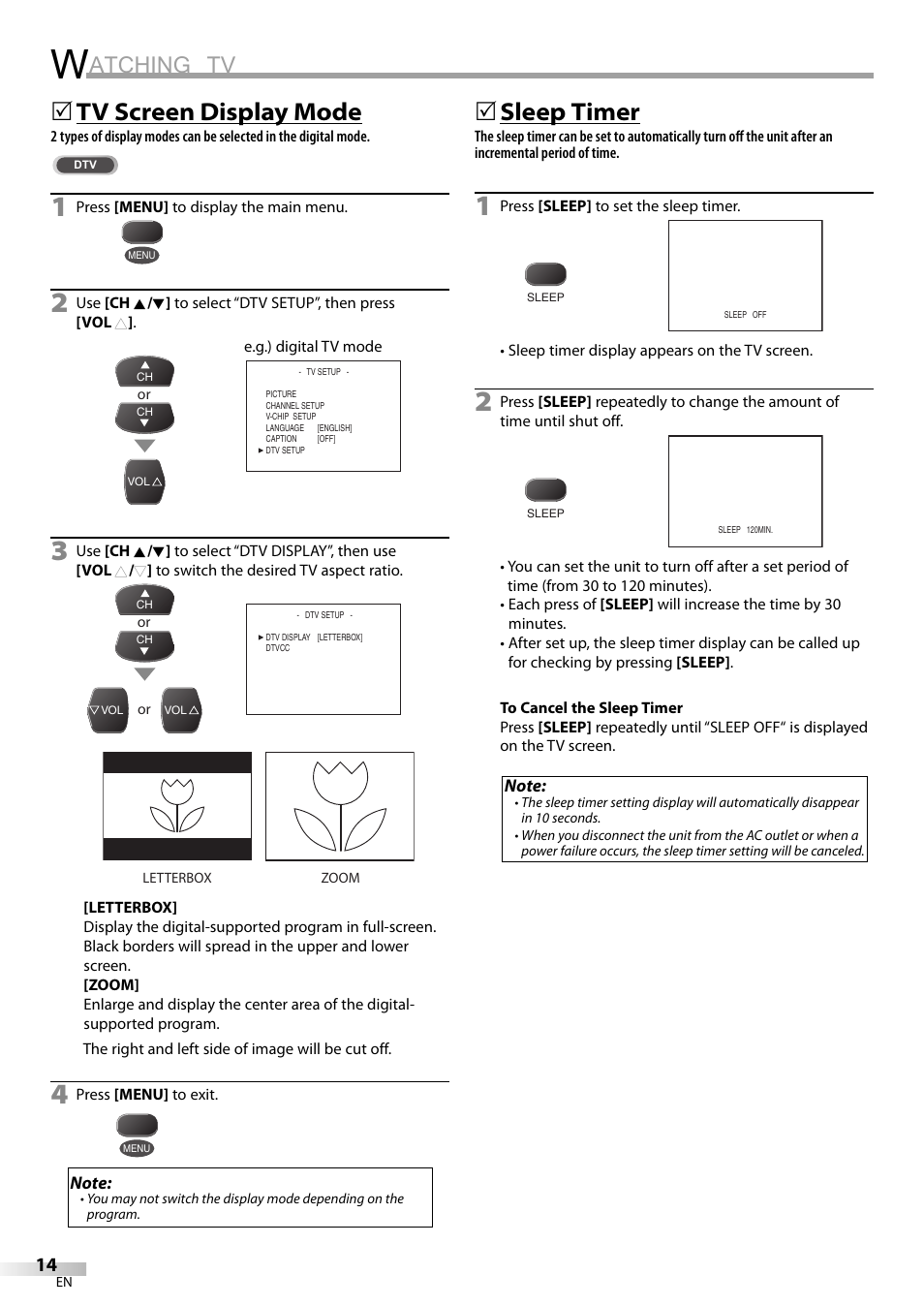 Atching tv, Tv screen display mode, 5sleep timer | FUNAI CR130TT8 User Manual | Page 14 / 78