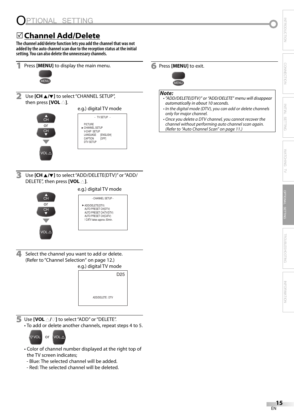 Ptional setting, Channel add/delete | FUNAI CR130TT8 User Manual | Page 15 / 78
