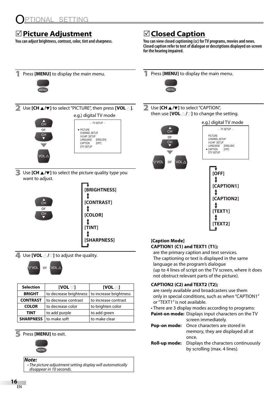 Ptional setting, Picture adjustment, 5closed caption | FUNAI CR130TT8 User Manual | Page 16 / 78