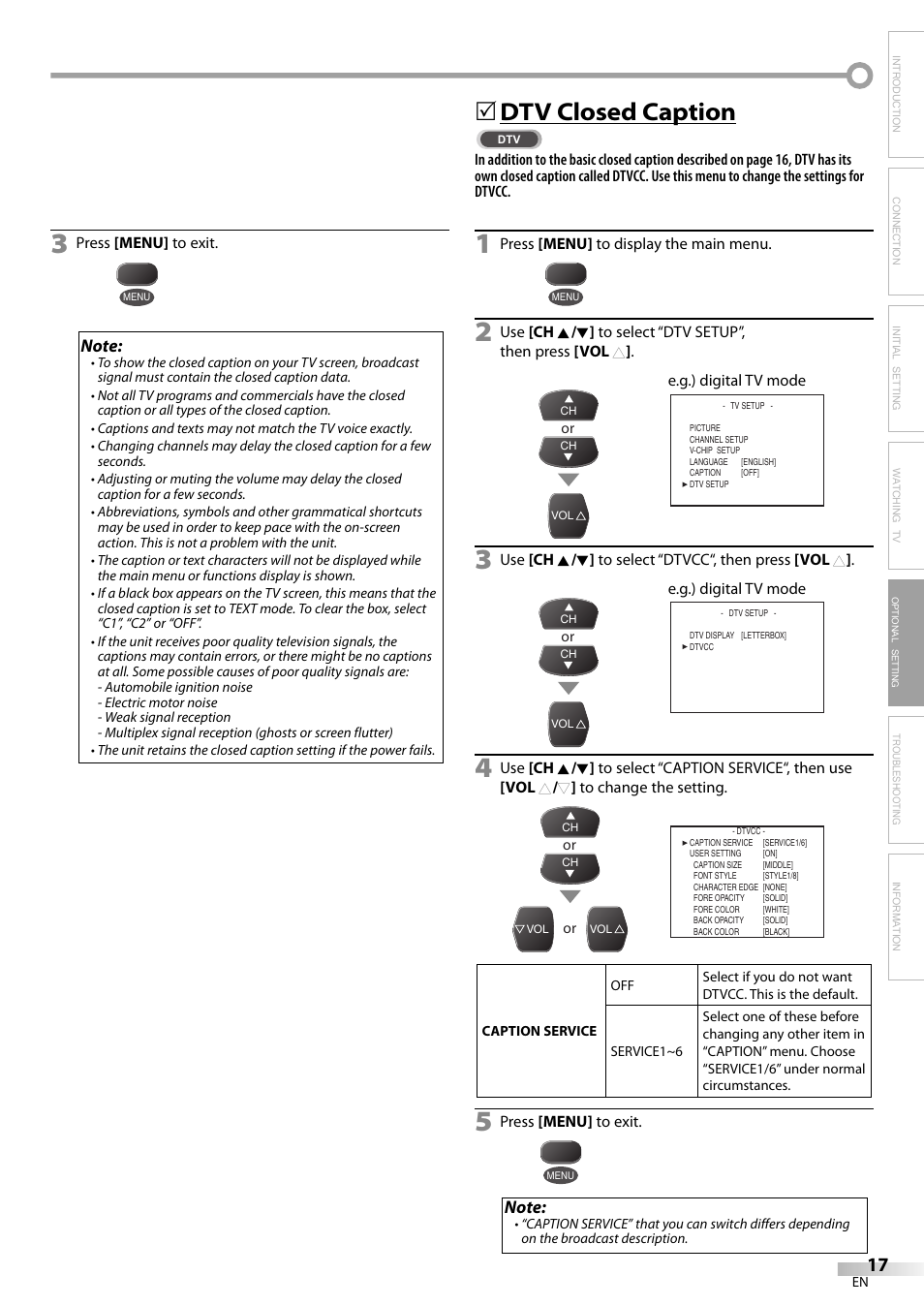 Dtv closed caption | FUNAI CR130TT8 User Manual | Page 17 / 78