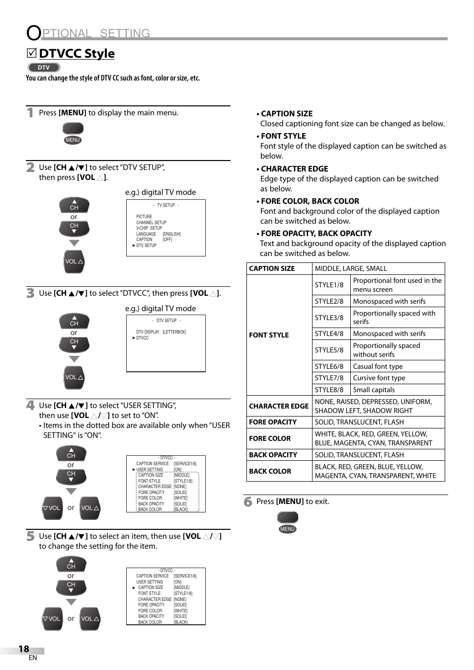 Ptional setting, Dtvcc style | FUNAI CR130TT8 User Manual | Page 18 / 78