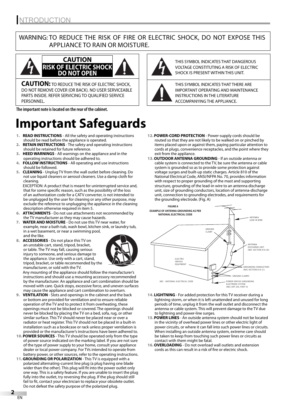 Important safeguards, Ntroduction, Caution | Caution risk of electric shock do not open | FUNAI CR130TT8 User Manual | Page 2 / 78