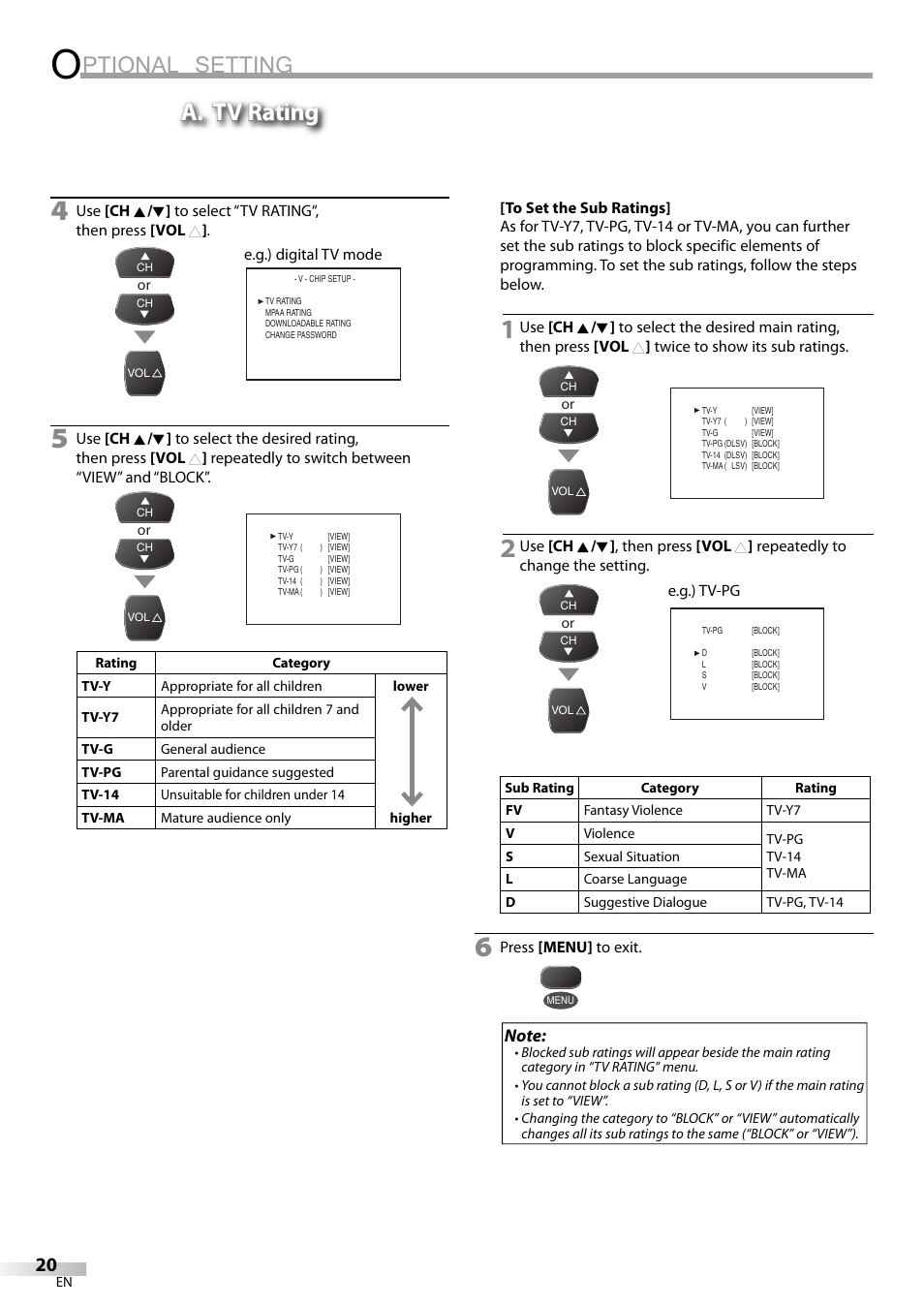Ptional setting, A. tv rating | FUNAI CR130TT8 User Manual | Page 20 / 78