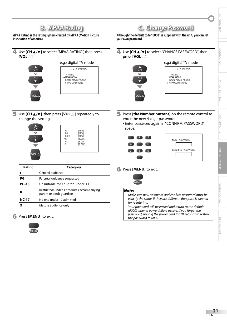 B. mpaa rating, C. change password | FUNAI CR130TT8 User Manual | Page 21 / 78