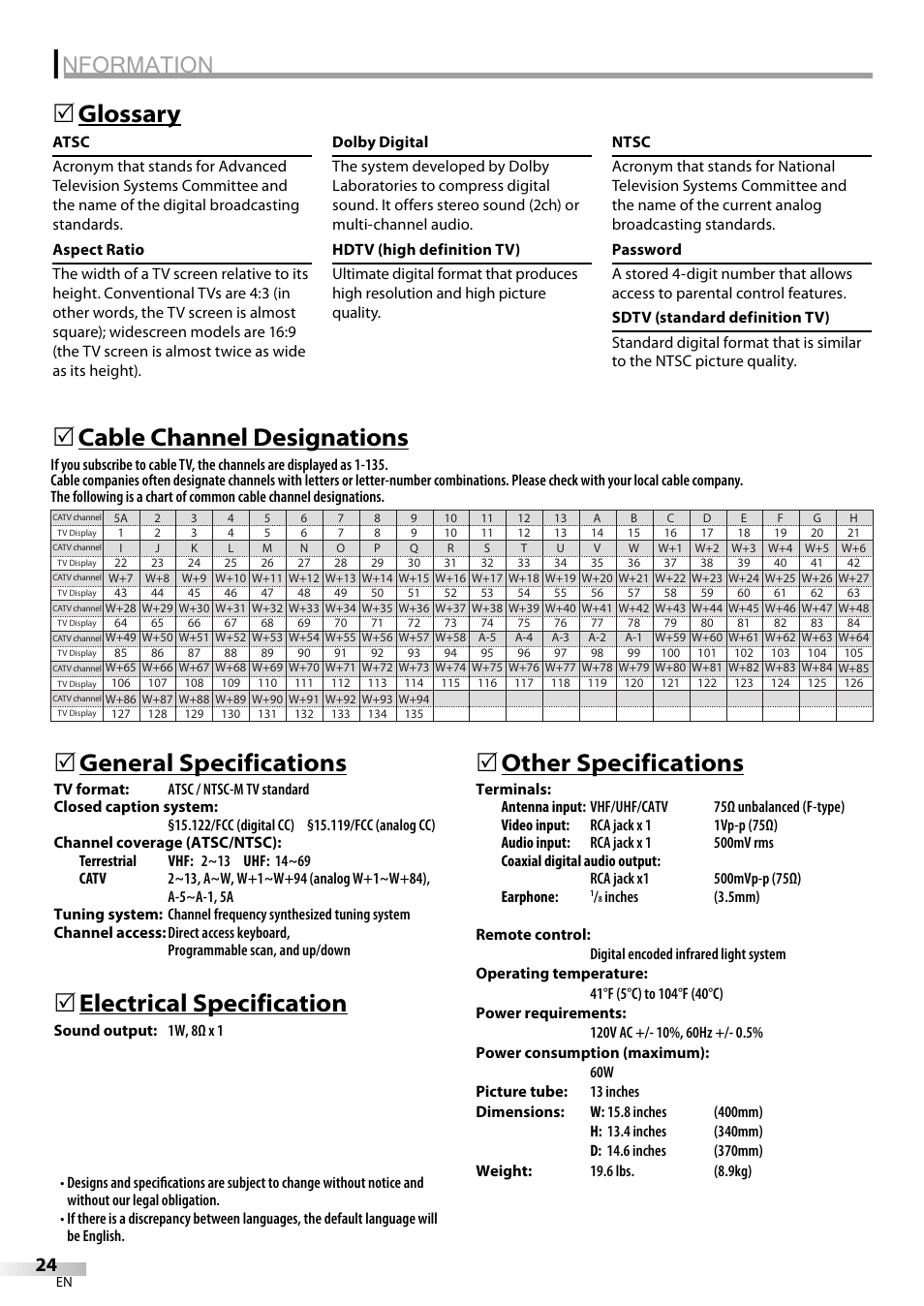 Nformation, Glossary 5, Electrical specification | 5other specifications | FUNAI CR130TT8 User Manual | Page 24 / 78