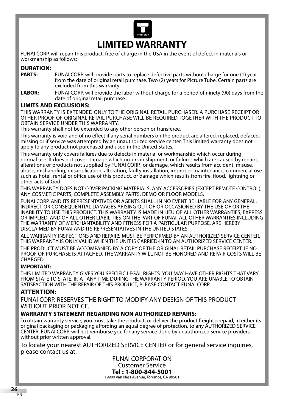 Limited warranty | FUNAI CR130TT8 User Manual | Page 26 / 78