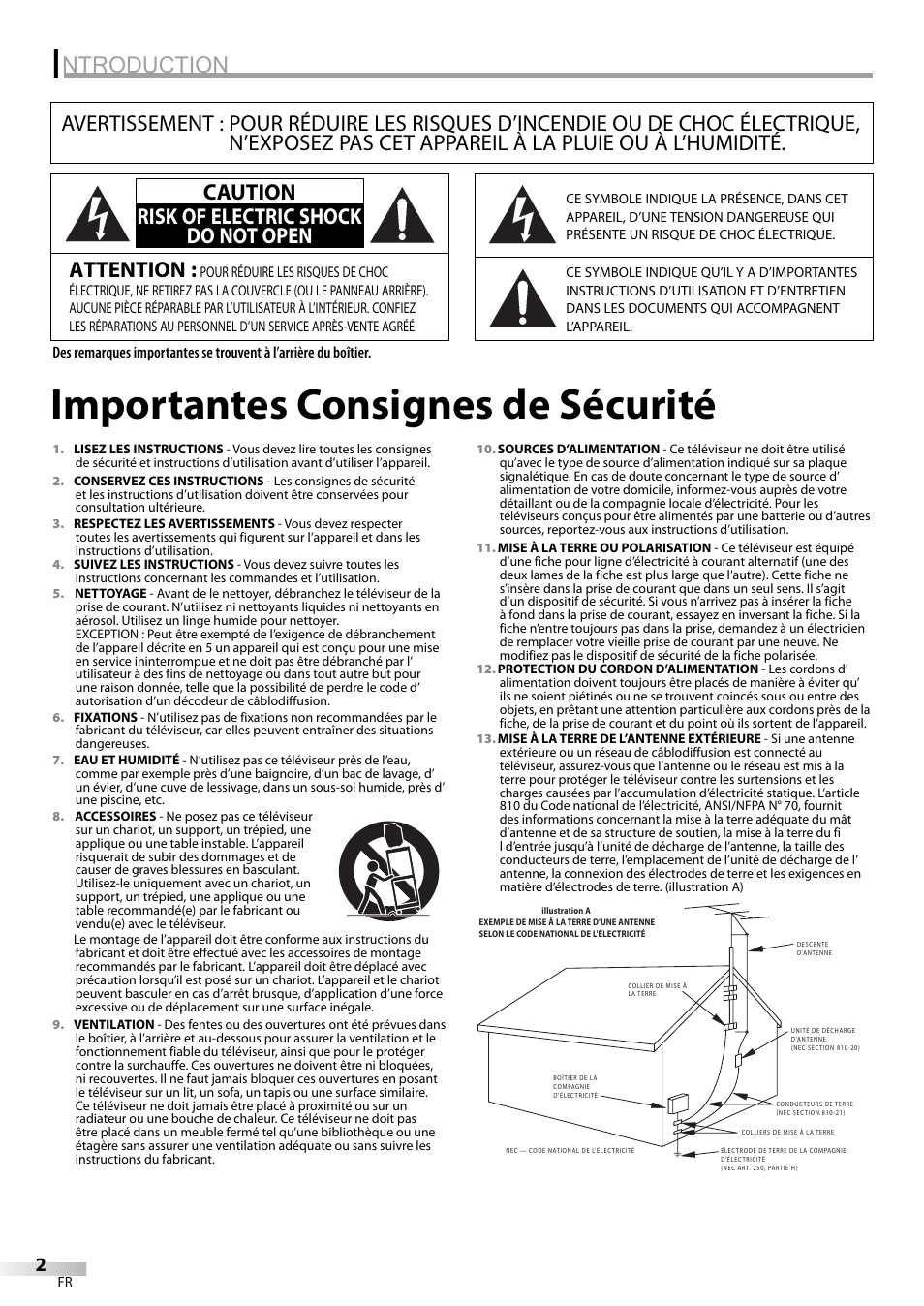 Importantes consignes de sécurité, Ntroduction, Attention | Caution risk of electric shock do not open | FUNAI CR130TT8 User Manual | Page 28 / 78