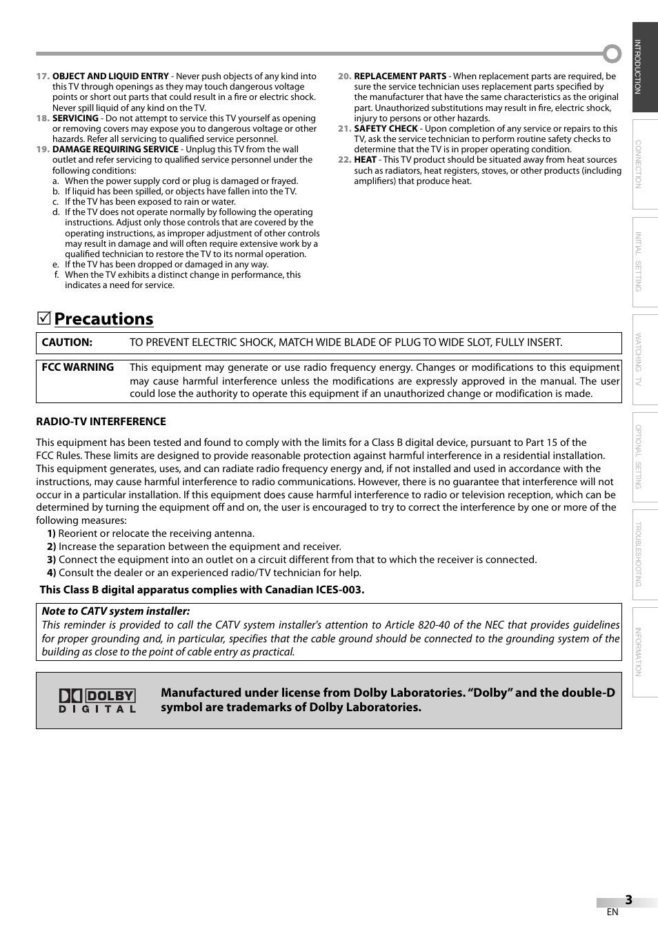 Precautions | FUNAI CR130TT8 User Manual | Page 3 / 78