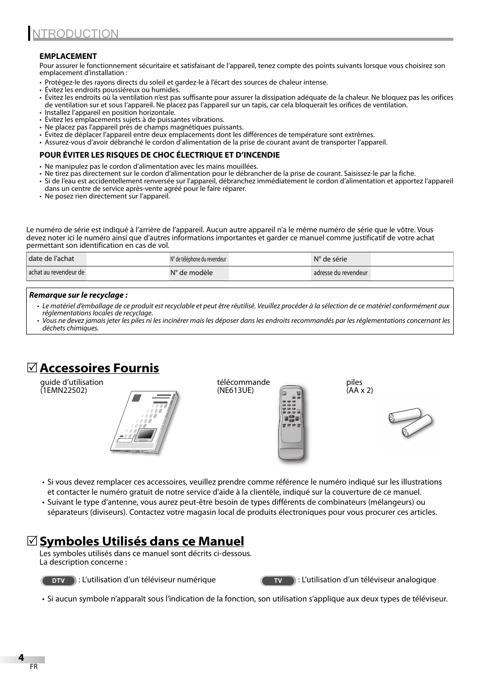 Ntroduction, Accessoires fournis, Symboles utilisés dans ce manuel | FUNAI CR130TT8 User Manual | Page 30 / 78