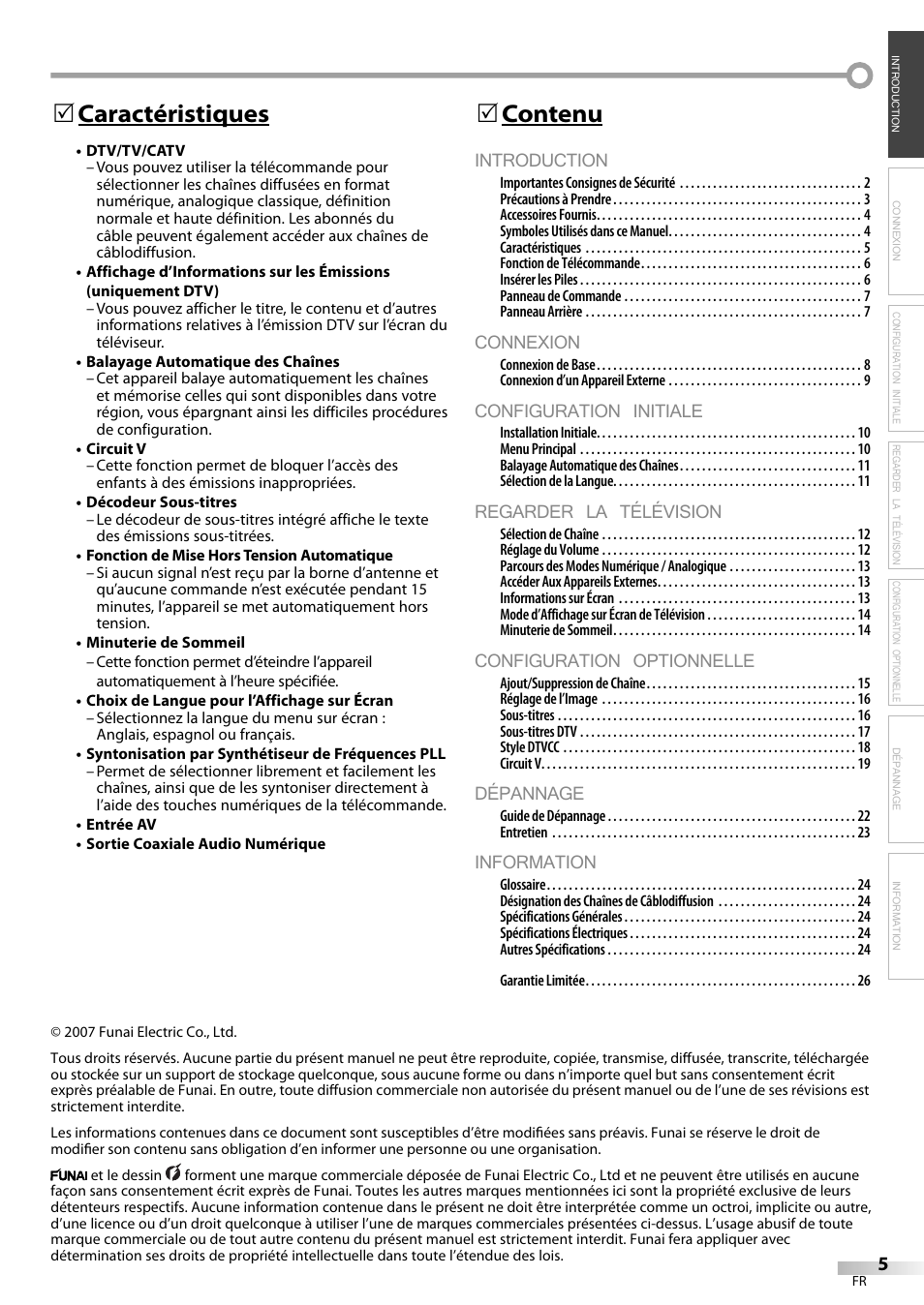 Introduction, Connexion, Configuration initiale | Regarder la télévision, Configuration optionnelle, Dépannage, Information, Contenu 5, Caractéristiques 5 | FUNAI CR130TT8 User Manual | Page 31 / 78