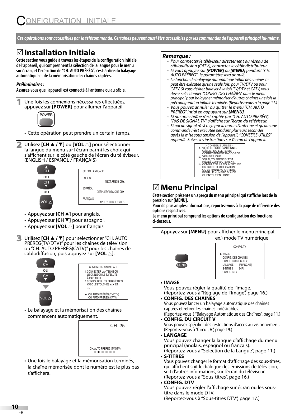 Onfiguration initiale, Installation initiale, Menu principal | FUNAI CR130TT8 User Manual | Page 36 / 78