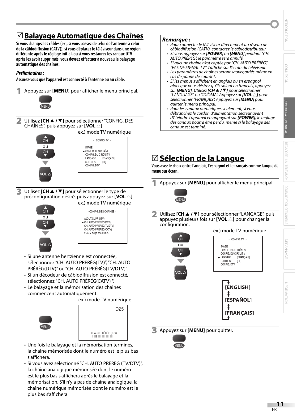 Balayage automatique des chaînes, Sélection de la langue | FUNAI CR130TT8 User Manual | Page 37 / 78