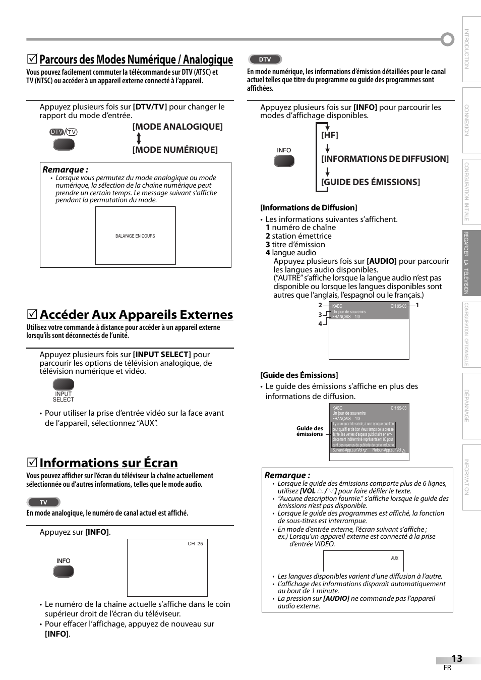 Parcours des modes numérique / analogique, Accéder aux appareils externes, Informations sur écran | FUNAI CR130TT8 User Manual | Page 39 / 78