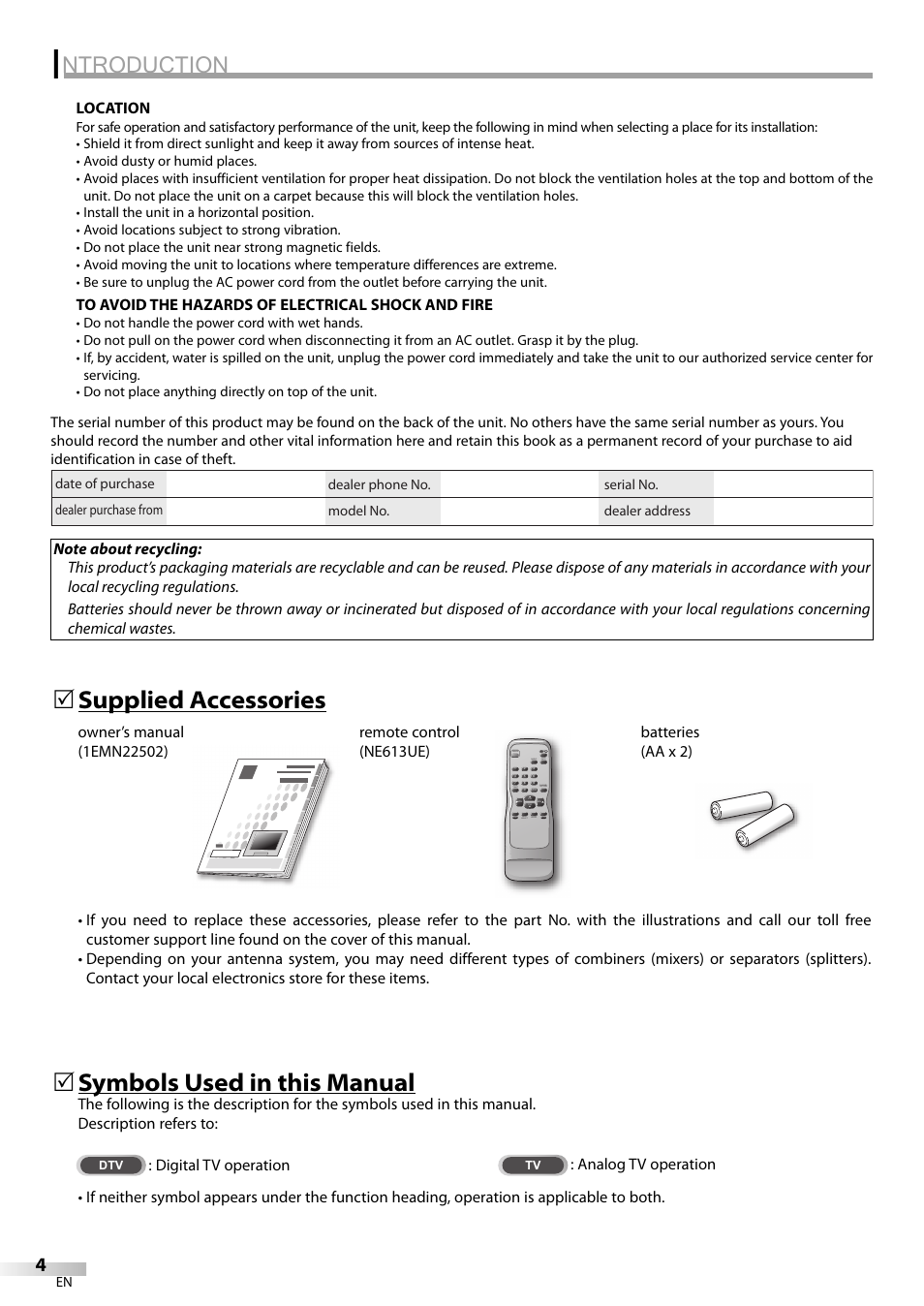 Ntroduction, Supplied accessories 5, Symbols used in this manual | FUNAI CR130TT8 User Manual | Page 4 / 78