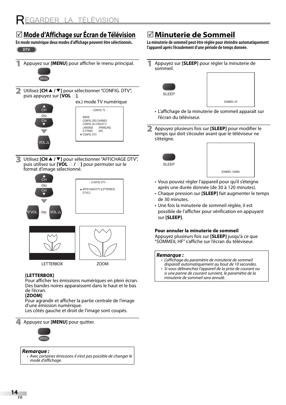 Egarder la télévision, Mode d’affichage sur écran de télévision, 5minuterie de sommeil | FUNAI CR130TT8 User Manual | Page 40 / 78
