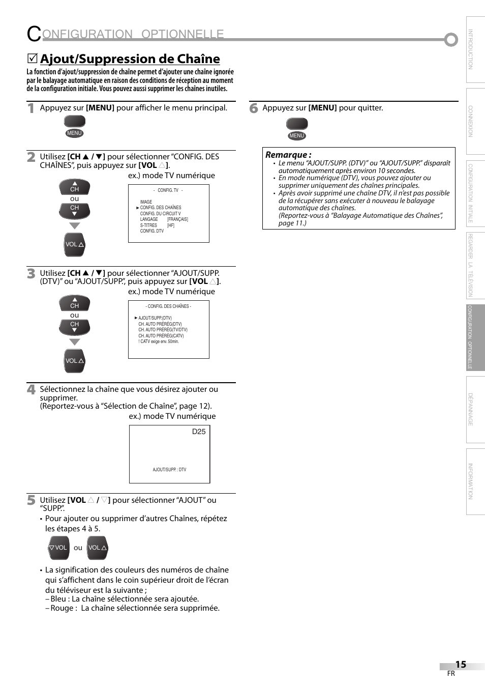 Onfiguration optionnelle, Ajout/suppression de chaîne | FUNAI CR130TT8 User Manual | Page 41 / 78