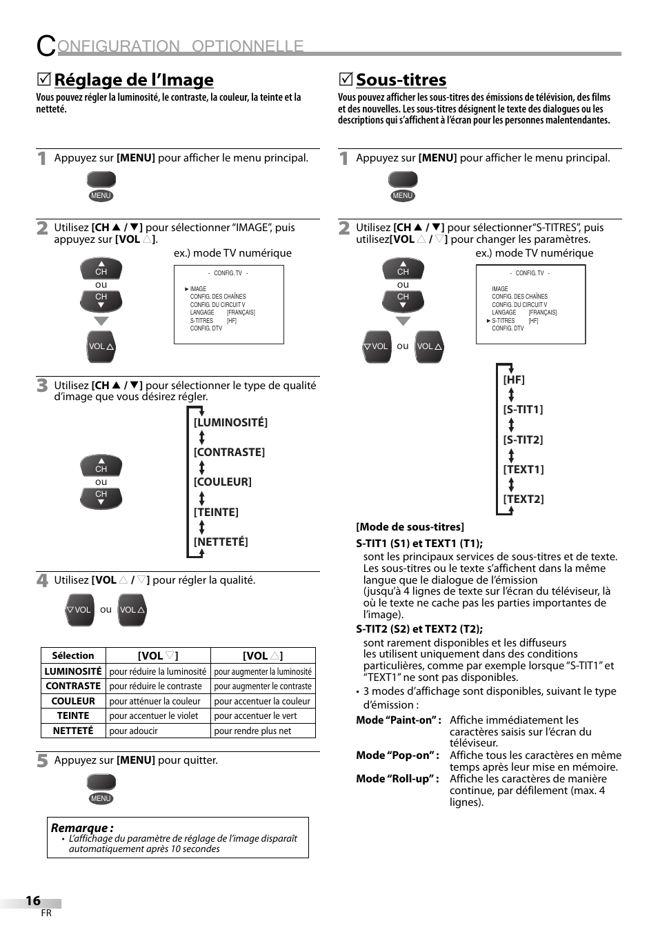 Onfiguration optionnelle, Réglage de l’image, 5sous-titres | FUNAI CR130TT8 User Manual | Page 42 / 78