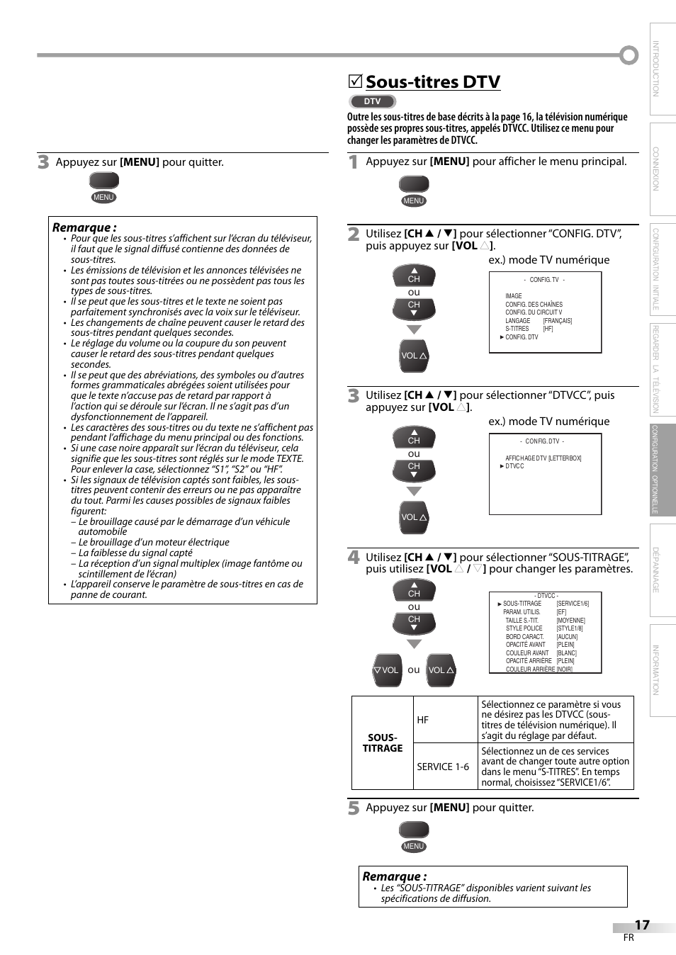 Sous-titres dtv, Remarque | FUNAI CR130TT8 User Manual | Page 43 / 78