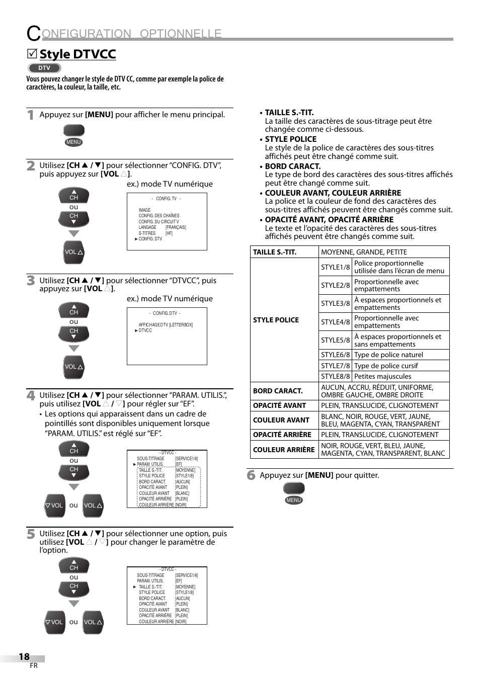Onfiguration optionnelle, Style dtvcc | FUNAI CR130TT8 User Manual | Page 44 / 78