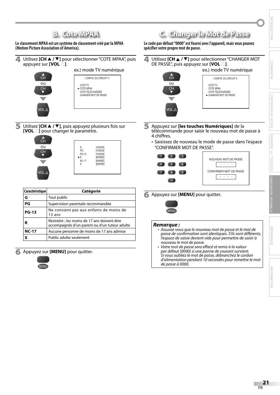 B. cote mpaa, C. changer le mot de passe, Remarque | FUNAI CR130TT8 User Manual | Page 47 / 78