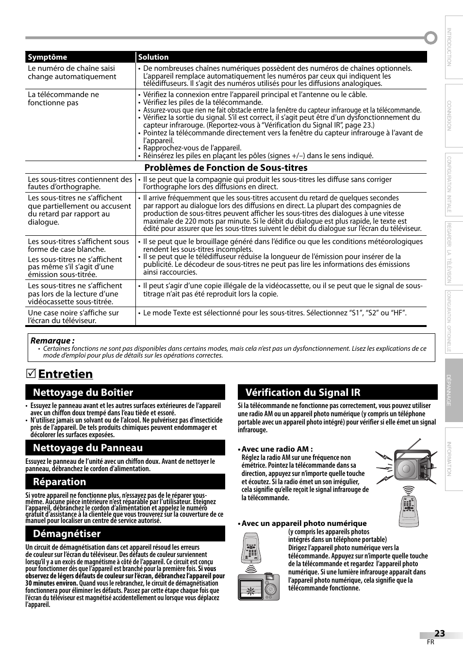 Entretien, Vérification du signal ir, Nettoyage du boîtier | Nettoyage du panneau, Réparation, Démagnétiser | FUNAI CR130TT8 User Manual | Page 49 / 78