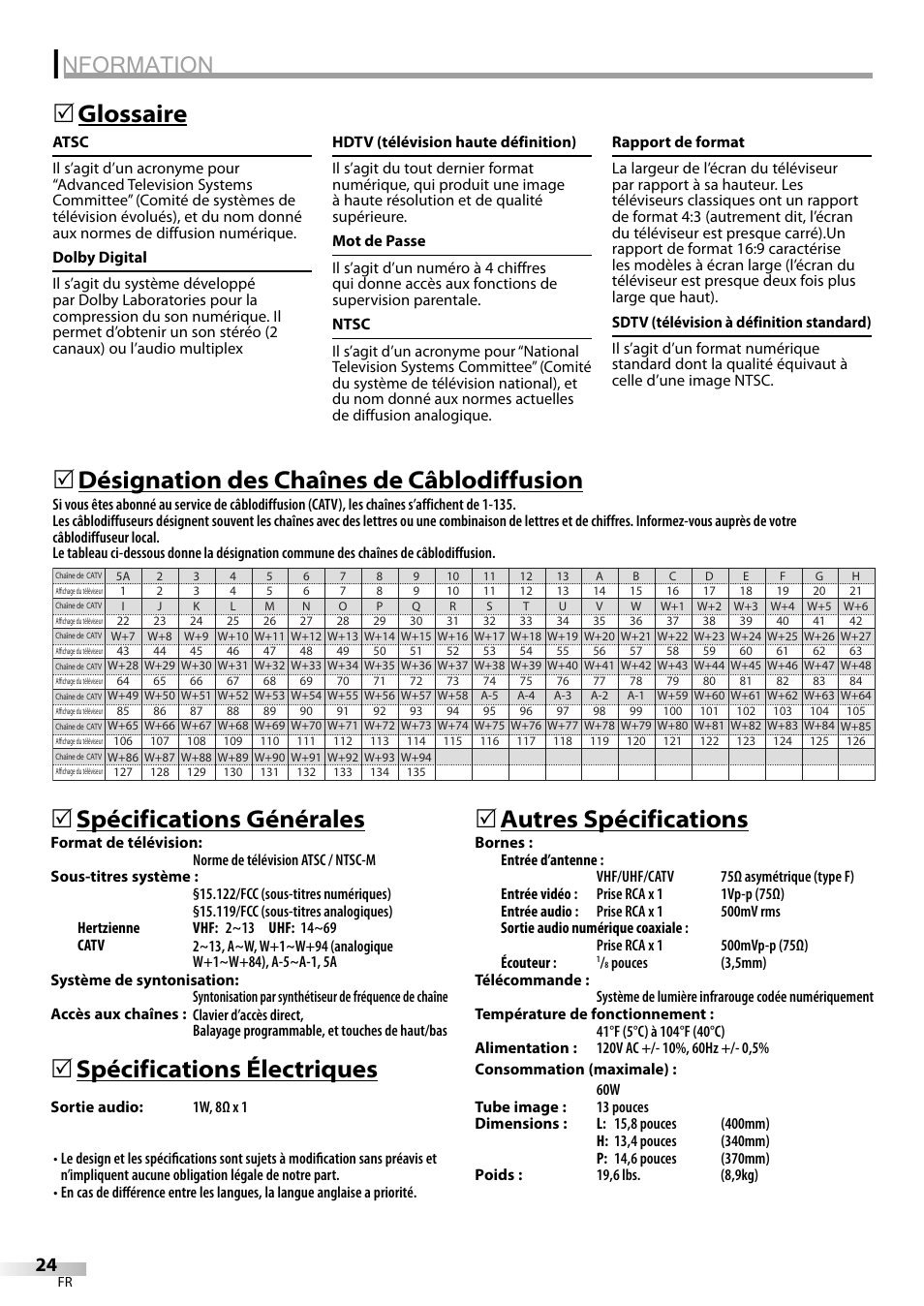 Nformation, Spécifications électriques 5 | FUNAI CR130TT8 User Manual | Page 50 / 78