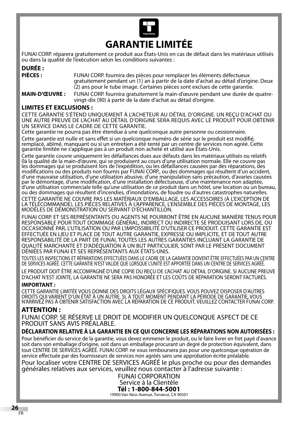 Garantie limitée | FUNAI CR130TT8 User Manual | Page 52 / 78