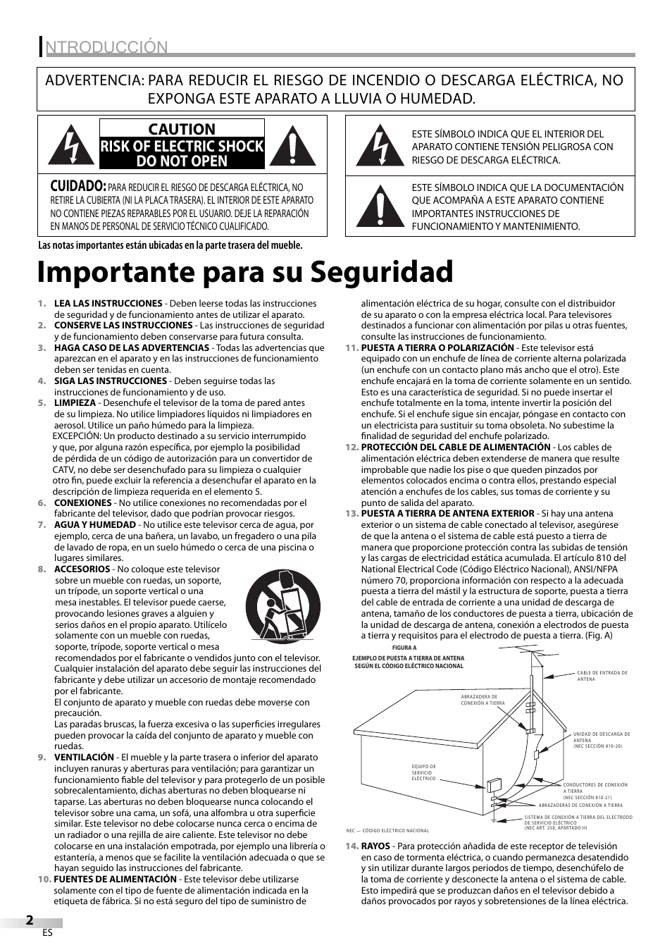 Importante para su seguridad, Ntroducción, Cuidado | Caution risk of electric shock do not open | FUNAI CR130TT8 User Manual | Page 54 / 78