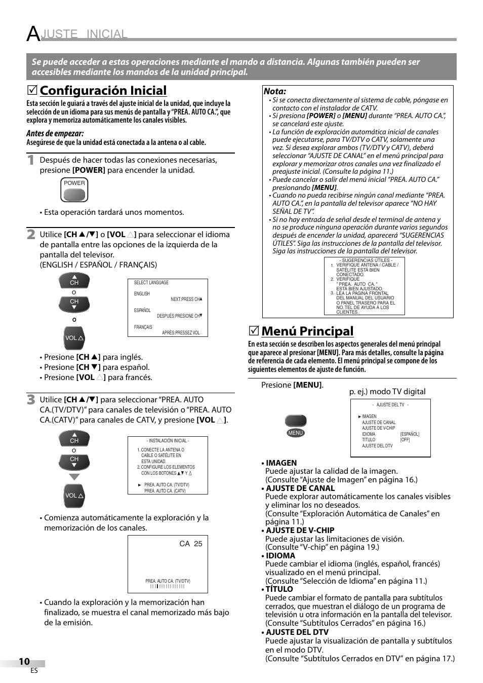 Juste inicial, Configuración inicial, Menú principal | FUNAI CR130TT8 User Manual | Page 62 / 78