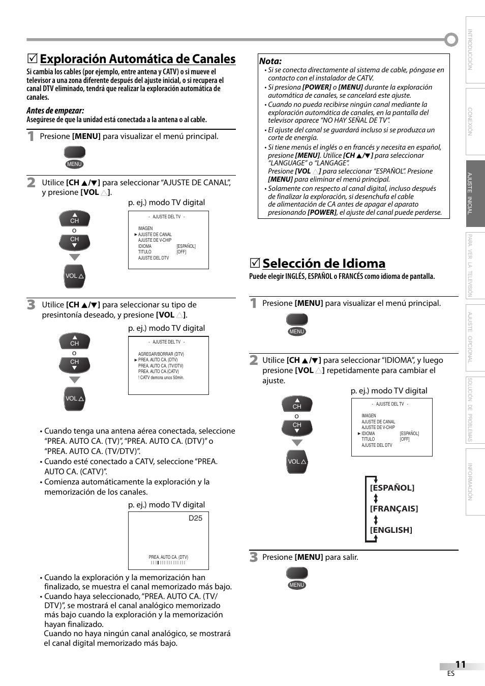 Exploración automática de canales, Selección de idioma | FUNAI CR130TT8 User Manual | Page 63 / 78